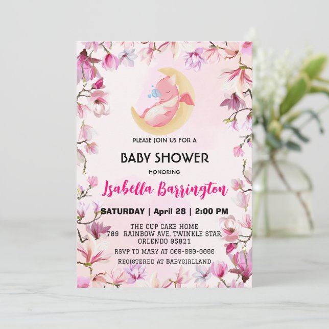 Pink Cute baby dragon dino flowers baby shower kid Invitation (Standing Front)