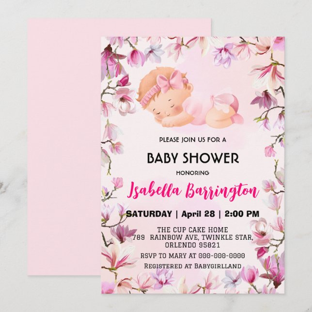 Pink Cute Baby Girl flowers baby shower kids Invitation (Front/Back)