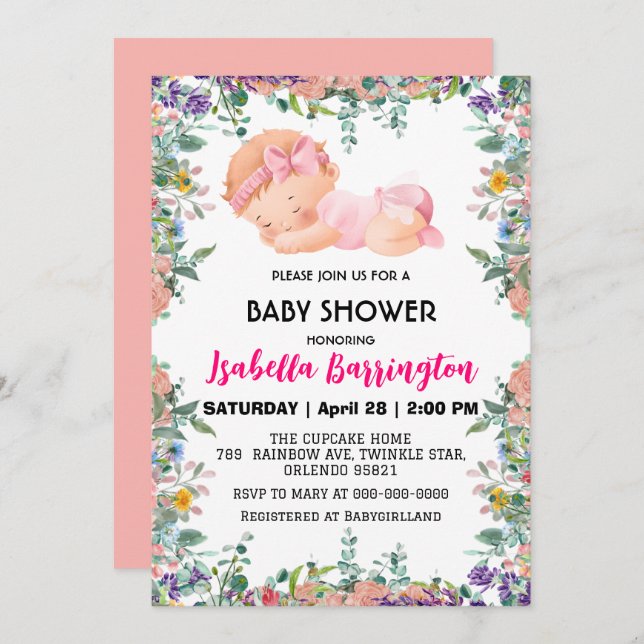 Pink Cute Baby Girl flowers baby shower kids Invitation (Front/Back)