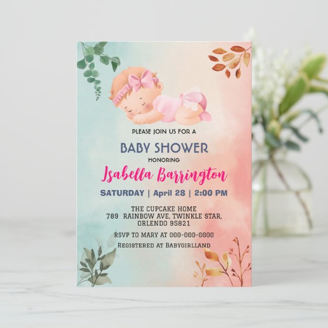 Pink Cute Baby Girl leaf flowers baby shower kids Invitation (Standing Front)