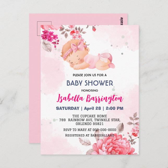 Pink Cute Baby Girl Rose flowers baby shower kid Postcard (Front/Back)