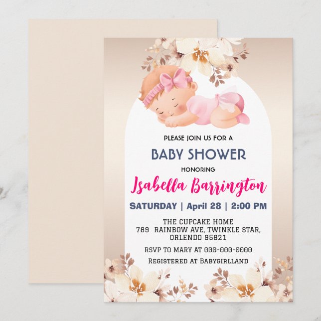 Pink Cute Baby Girl rose flowers baby shower kids Invitation (Front/Back)