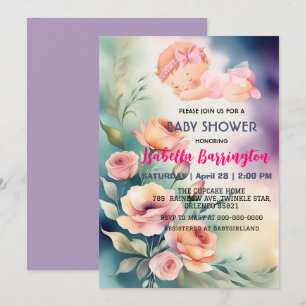 Pink Cute Baby Girl Rose flowers baby shower kids Invitation