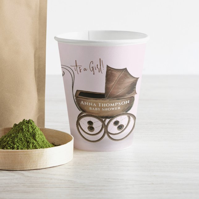 Pink Cute Baby Girl Shower Custom Paper Cups (Cute baby girl pink watercolor paper cup)