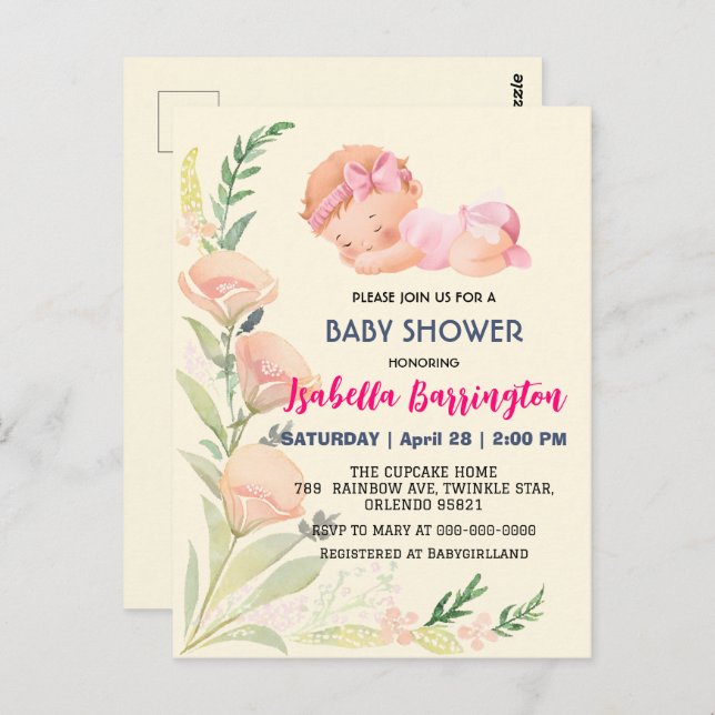 Pink Cute Baby Girl tulip flowers baby shower kid Postcard (Front/Back)
