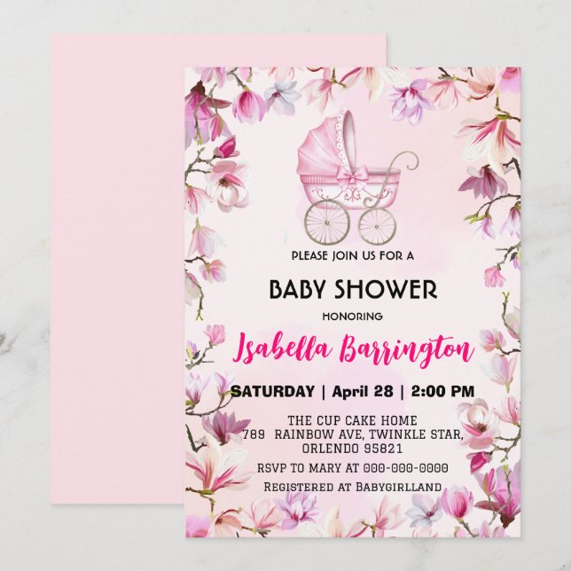Pink Cute baby stroller flowers baby shower kids Invitation (Front/Back)