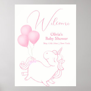 Pink Cute Balloon Unicorn Baby Shower Welcome Poster