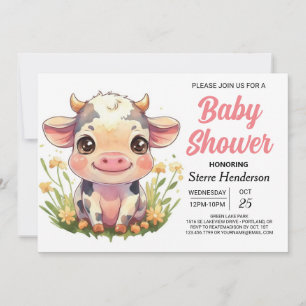  Pink Cute Barnyard Cow Baby Shower Invitation