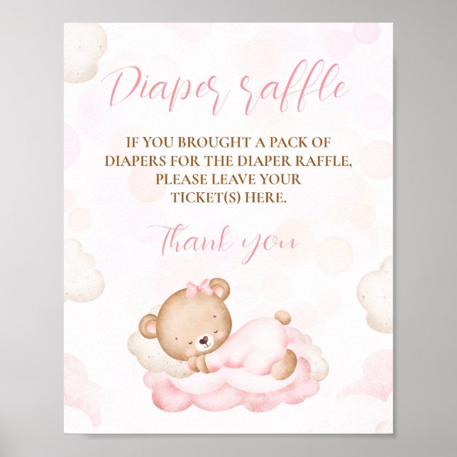 Pink Cute Bear Baby Shower Diaper Raffle Sign (Front)
