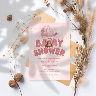 Pink Cute Bear Baby Shower Invitation