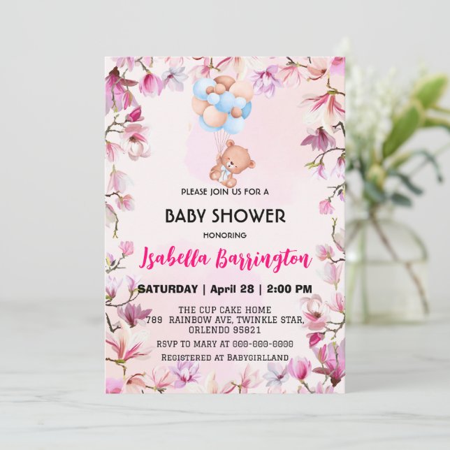 Pink Cute bear balloon flowers baby shower kids Invitation (Standing Front)