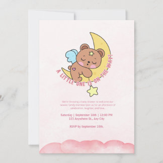 Pink Cute bear Watercolor Baby Shower Party Invitation