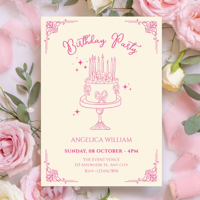 Pink cute birthday cake  invitation (Creator Uploaded)