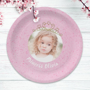Pink Cute Birthday Photo Princess Tiara Simple Paper Plate