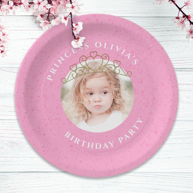 Pink Cute Birthday Photo Princess Tiara Simple Paper Plate (Creator Uploaded)