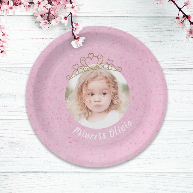 Pink Cute Birthday Photo Princess Tiara Simple Paper Plate (Creator Uploaded)