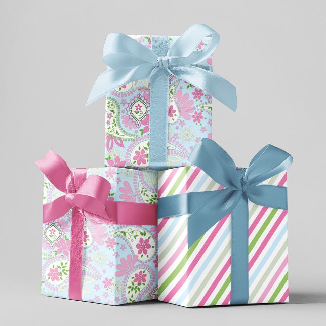 Pink Cute Blue Paisley Print Pattern Wrapping Paper Sheet (Blue and pink paisley print wrapping paper. )