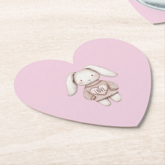 Pink Cute Bunny Pink Sweater Heart Baby Shower Paper Coaster (Angled)
