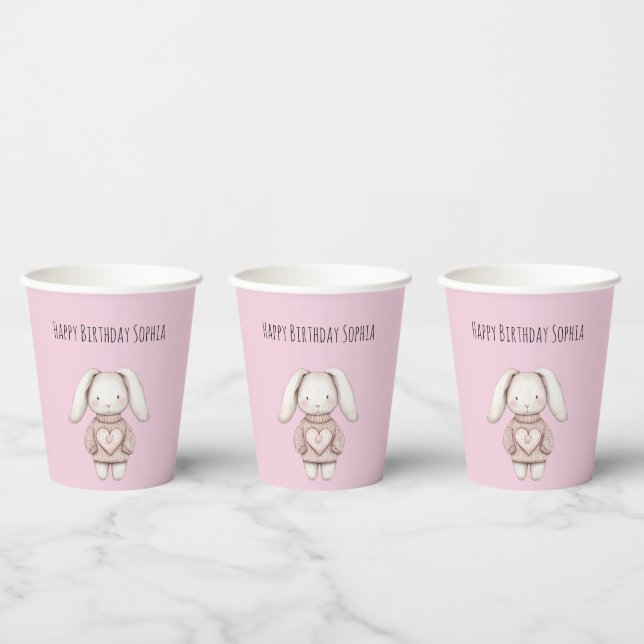 Pink Cute Bunny Pink Sweater Heart Birthday Paper Cups (Multi)