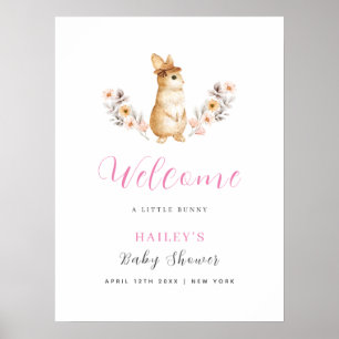 Pink Cute Bunny Wildflower Welcome Baby Shower Poster