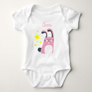 pink cute bunny with name and stars baby bodysuit