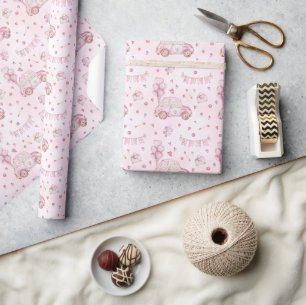 Pink Cute Car Valentine's Day Wrapping Paper