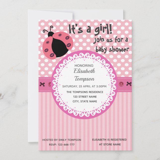 Pink cute cartoon ladybug baby shower invitation (Front)
