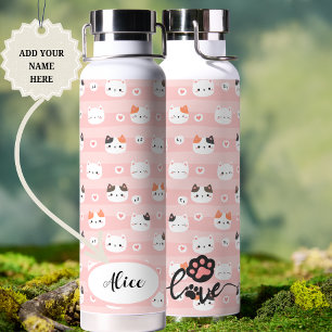 Pink Cute Cats Personalised Kids Water Bottle