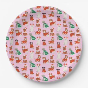 Pink Cute Christmas Dogs Holiday Puppy Pattern Paper Plate
