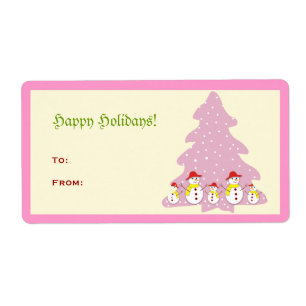 Pink Cute Christmas Tree Snowmen Avery Label