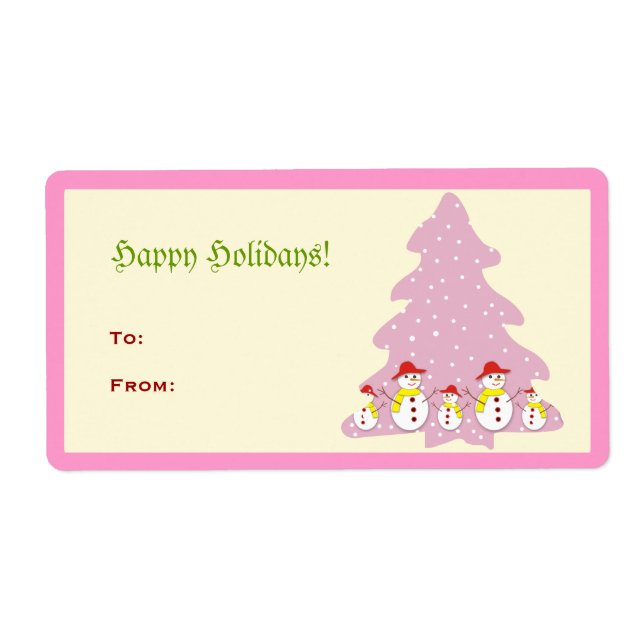 Pink Cute Christmas Tree Snowmen Label (Front)