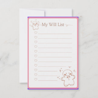 Pink Cute Christmas Wish List A4 Document Thank You Card