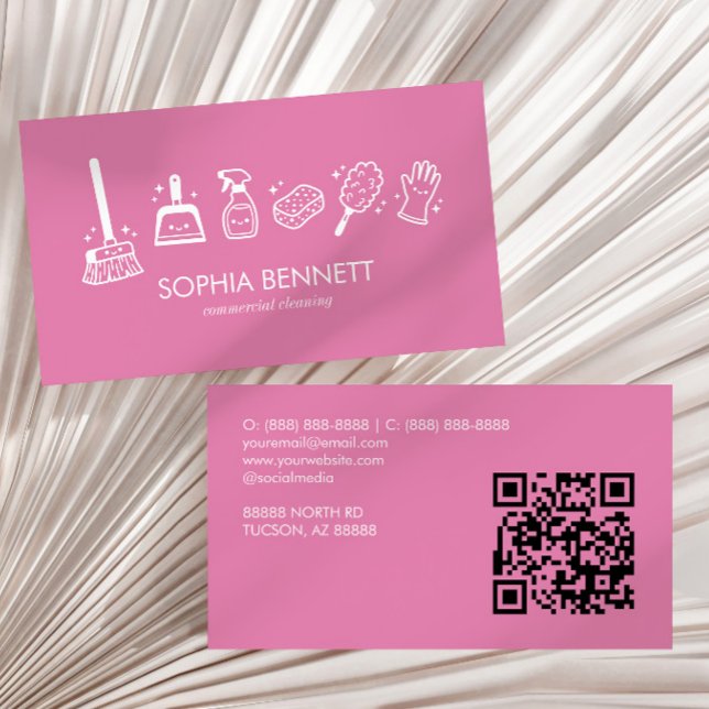 Pink Cute Cleaning Tools Custom QR Code Business Card (Creator Uploaded)