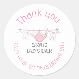 Pink Cute Clothesline Baby Shower Thank You Favour Classic Round Sticker