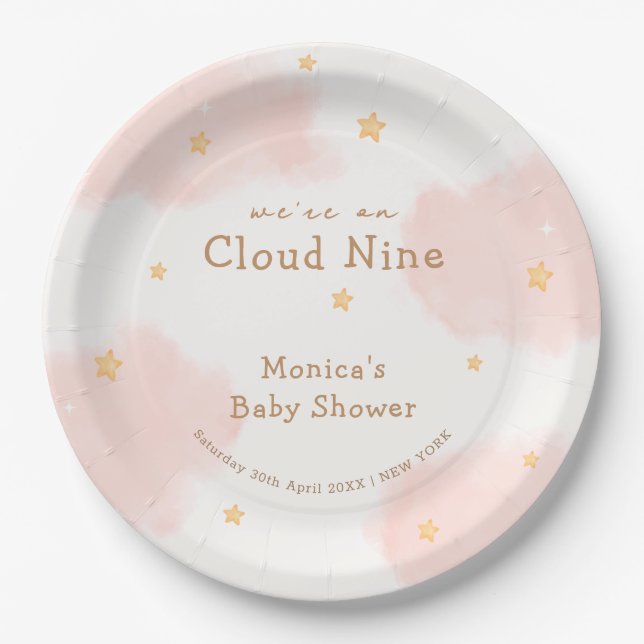 Pink Cute Cloud Nine Girl Baby Shower  Paper Plate (Front)