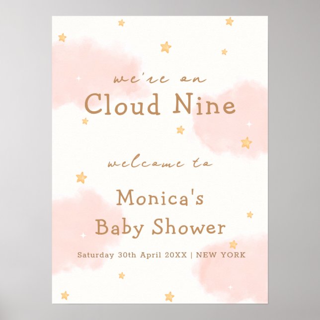Pink Cute Cloud Nine Girl Baby Shower Welcome Poster (Front)