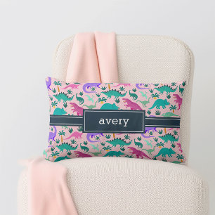 Pink   Cute Colourful Dinosaur Pattern Kids Name Lumbar Cushion