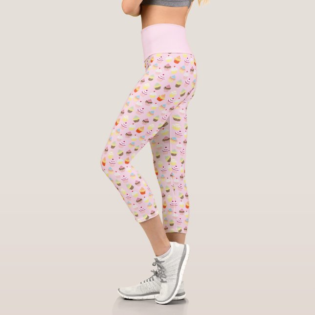 Pink Cute Cupcake Food Pattern Capri Leggings (Left)