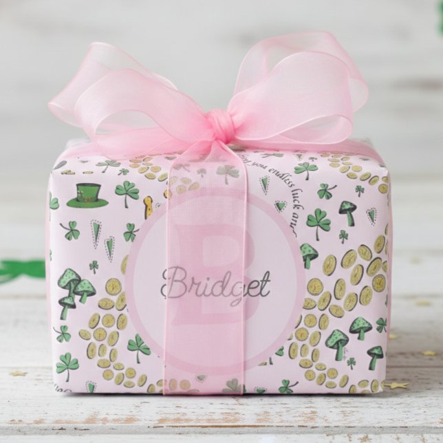 Pink, Cute & Curvy St. Patrick's Day Tissue Paper (Girly Pink St Patrick's Day Kids Birthday Wrapping Paper for Her. Cute Irish Pattern and Monogram)
