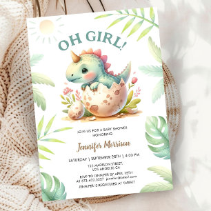 Pink Cute Dino Girl Dinosaur Baby Shower Invitation