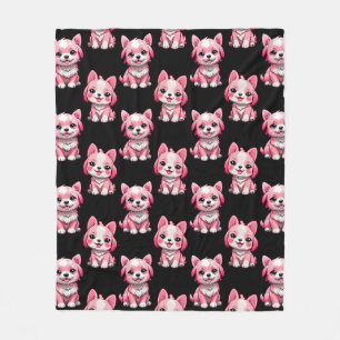 Pink Cute Dogs - Black Fleece Blanket