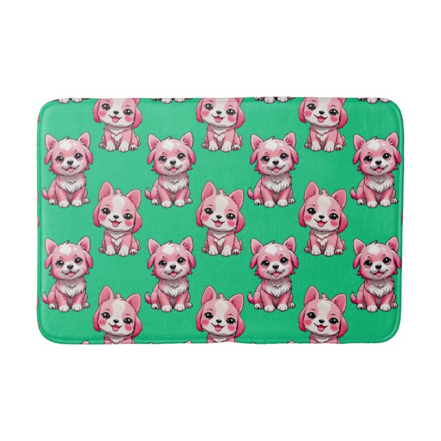 Pink Cute Dogs - Green  Bath Mat (Front)