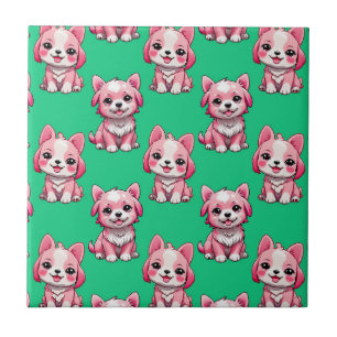 Pink Cute Dogs - Green Ceramic Tile