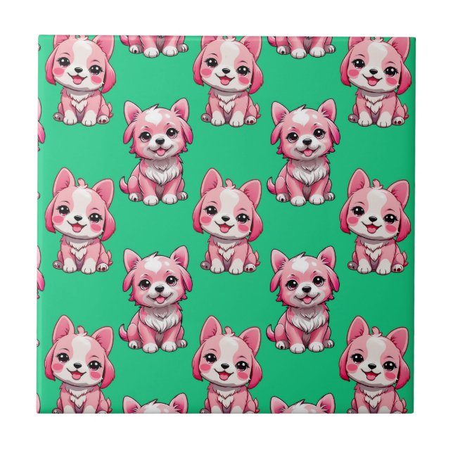 Pink Cute Dogs - Green  Ceramic Tile (Front)