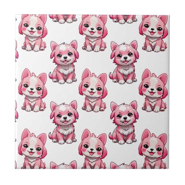 Pink Cute Dogs - White  Ceramic Tile (Front)