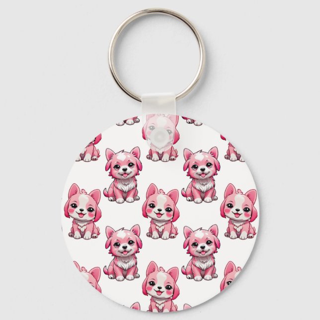 Pink Cute Dogs - White  Key Ring (Front)