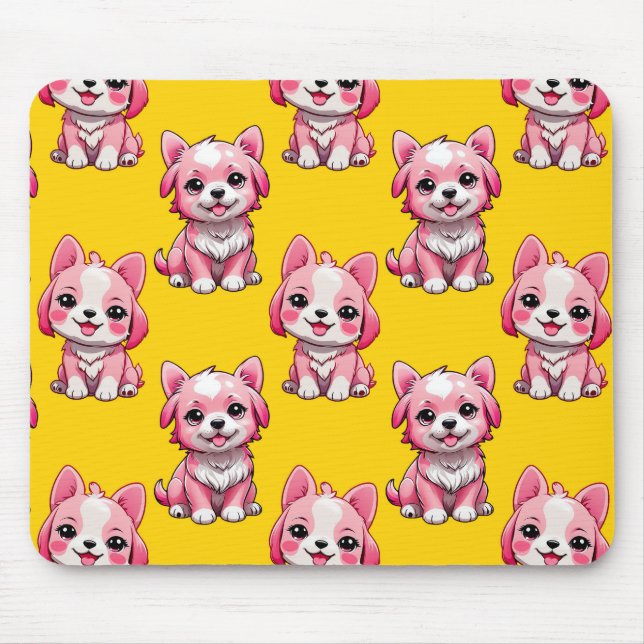 Pink Cute Dogs - Yellow  Mouse Pad (Front)