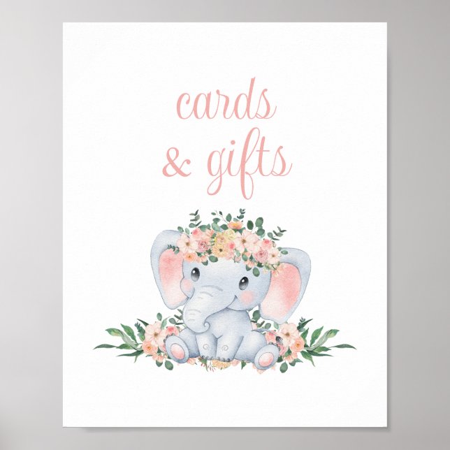Pink Cute Elephant Baby Shower Cards and Gifts Poster (Front)