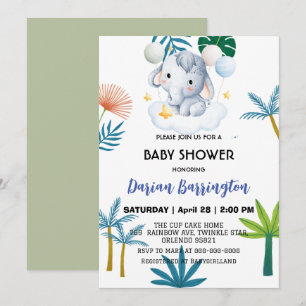Pink Cute elephant cub flowers baby shower kids Invitation