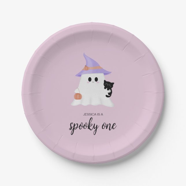 Pink Cute Ghost Halloween 1st Birthday Girl Paper Plate (Front)